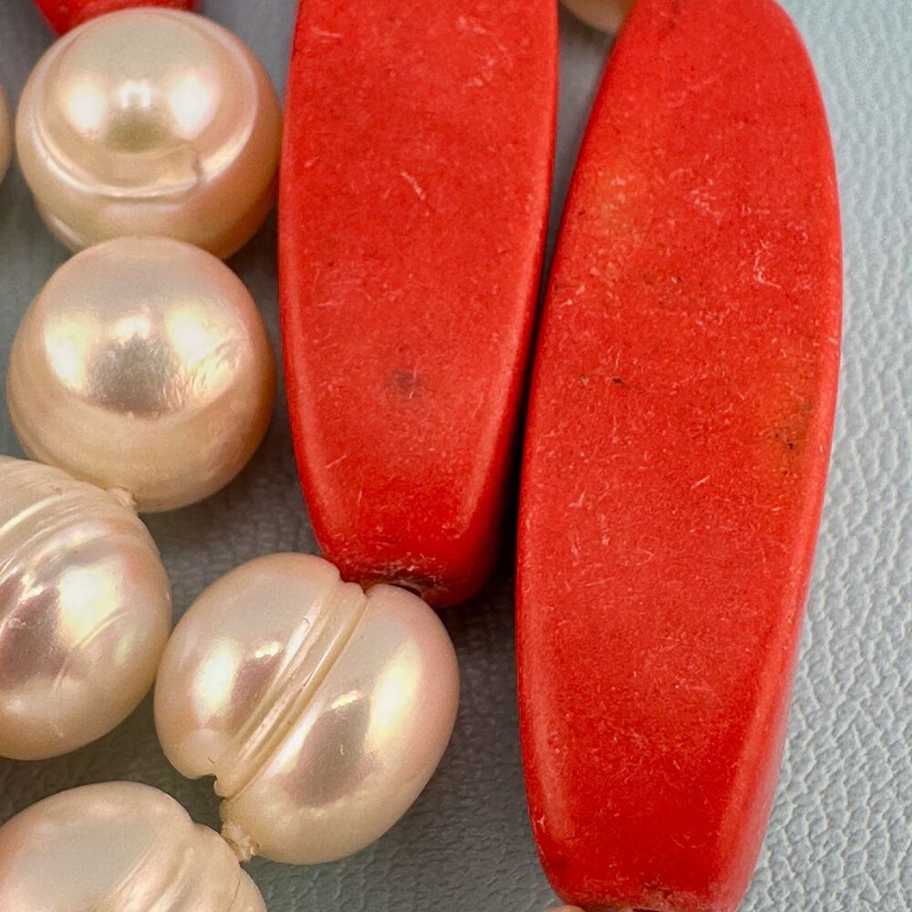 Vintage Red Stone Genuine Pearl Necklace Flapper 64" Knotted Statement Heavy - Picture 8 of 15